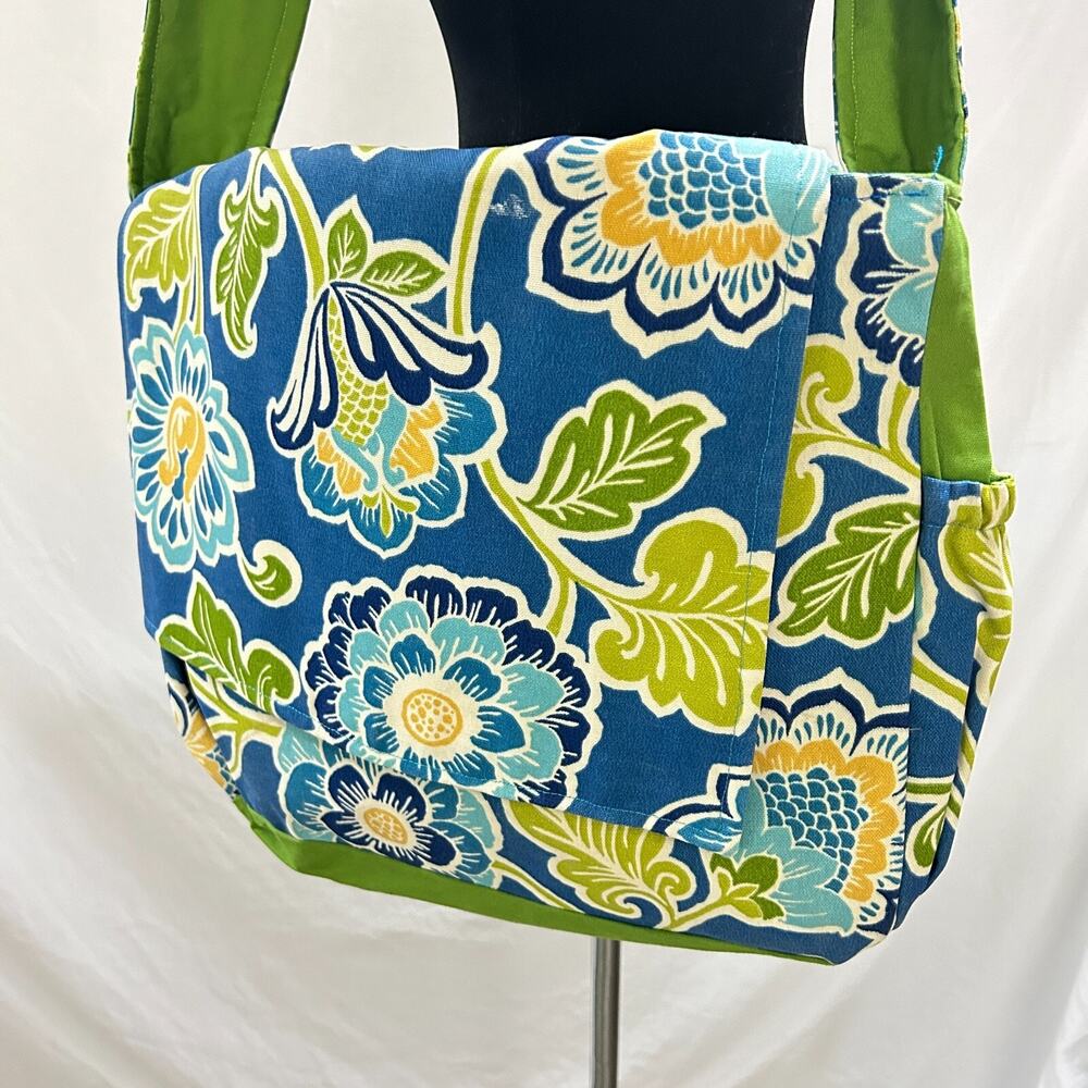Handmade Satchel Shoulder or Diaper Bag Blue Floral Tapestry Green